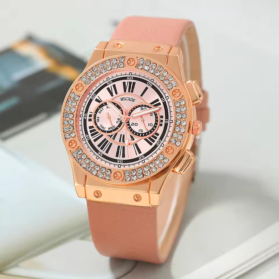 3-Piece Women's Casual Leather Watch Set with Quartz Movement, Heart Bow Wallet, and Sunglasses