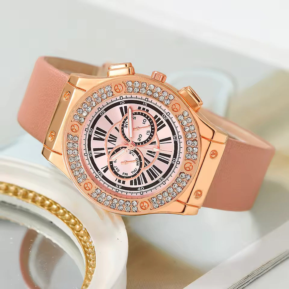 3-Piece Women's Casual Leather Watch Set with Quartz Movement, Heart Bow Wallet, and Sunglasses
