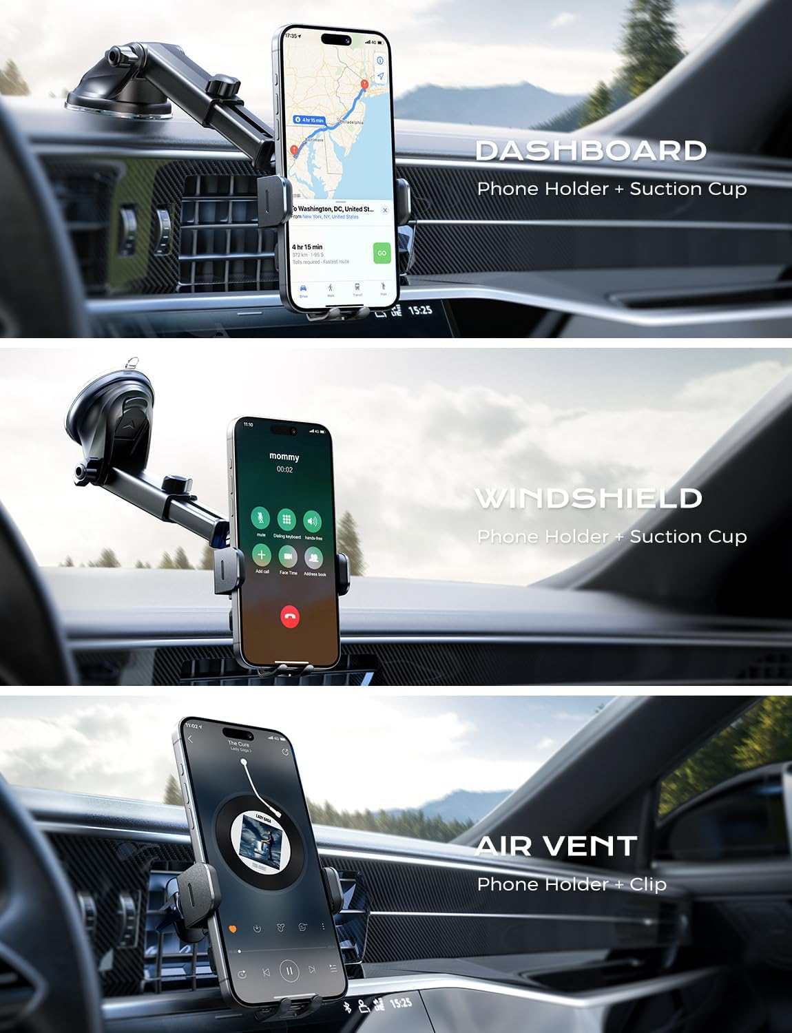Fast Charging 15W Wireless Car Charger & Phone Holder – Compatible with iPhone & Samsung Galaxy
