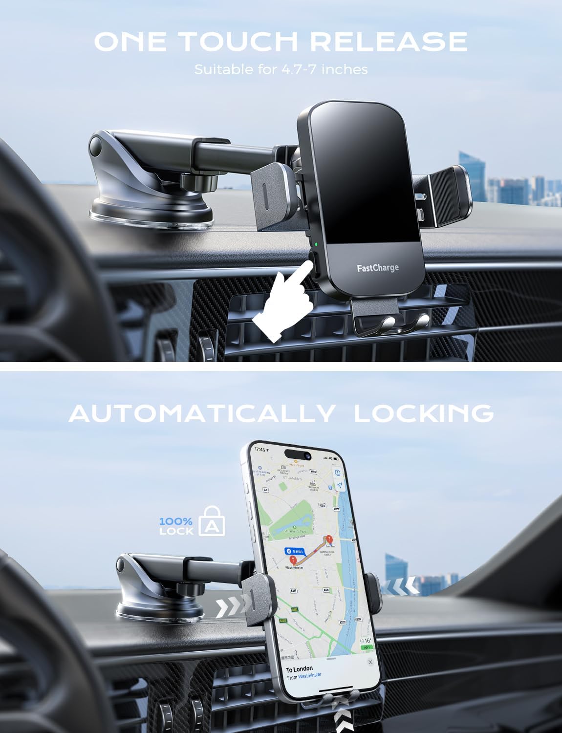 Fast Charging 15W Wireless Car Charger & Phone Holder – Compatible with iPhone & Samsung Galaxy