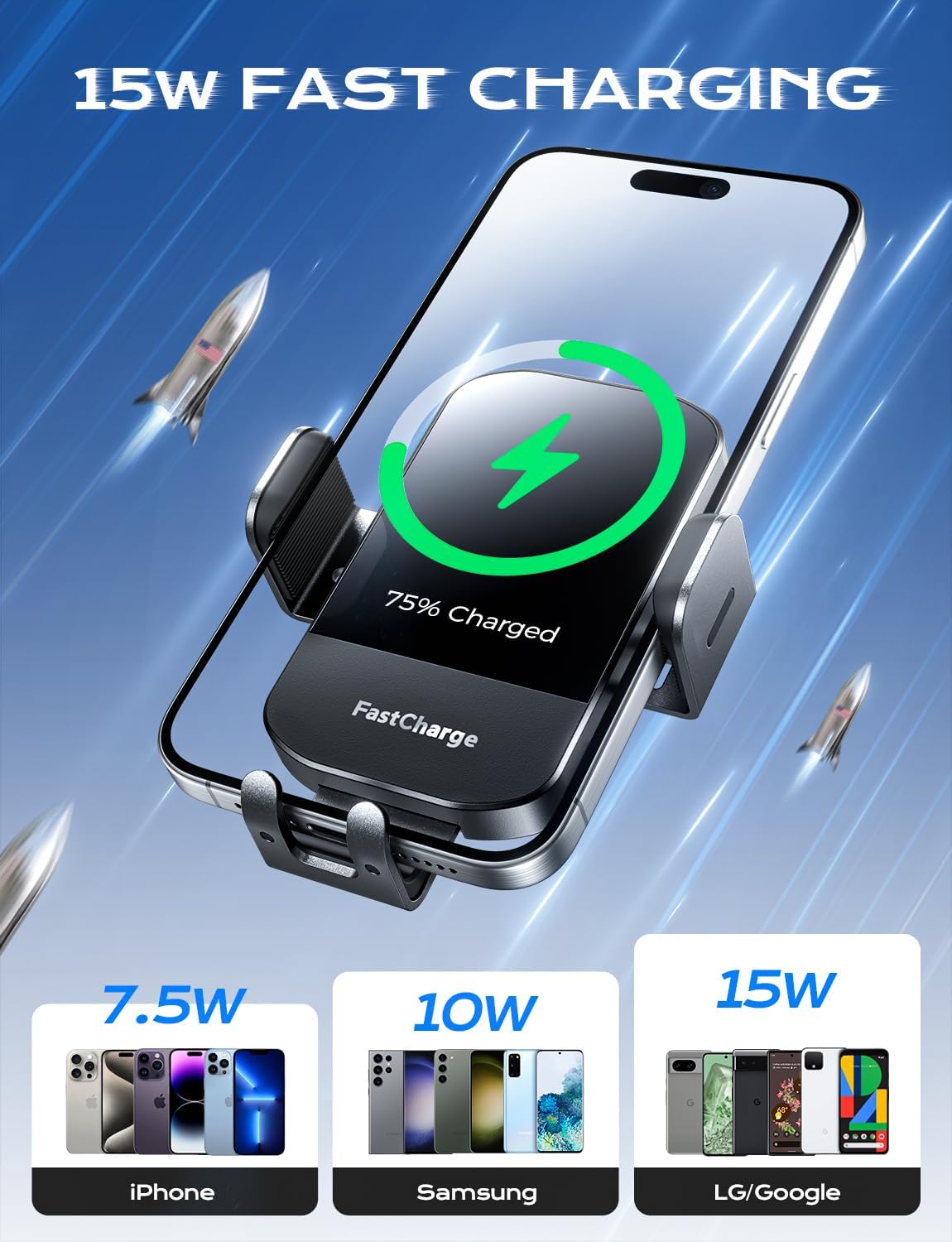 Fast Charging 15W Wireless Car Charger & Phone Holder – Compatible with iPhone & Samsung Galaxy